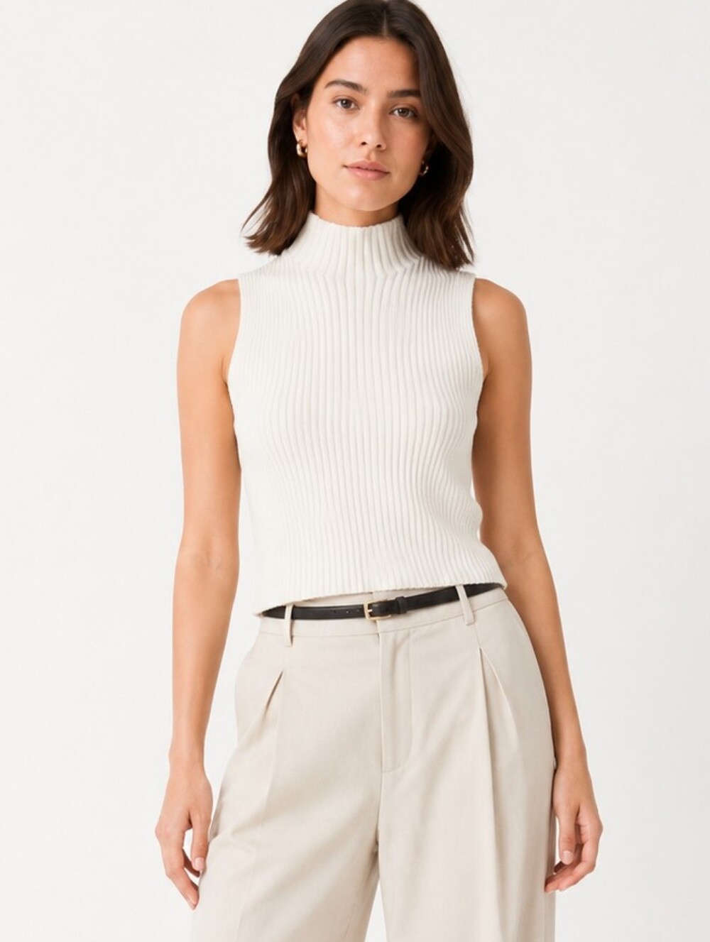 Zara White Ribbed Sleeveless Turtleneck Top